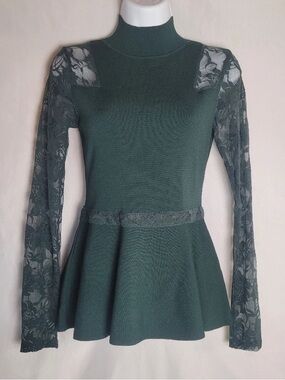 INC Dark Green Peplum Top with Lace Sleeves